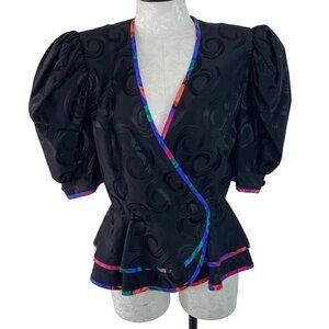 A J Bari Vintage Womens Jacket Size 10 Black Balloon Sleeve Peplum Pure Silk